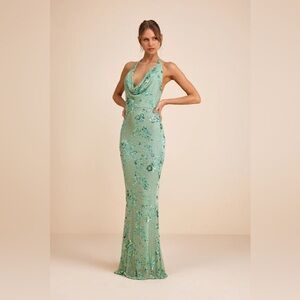 NWT Lulus Elegant Green Beaded Sequin Halter Neck Open Back Maxi Dress